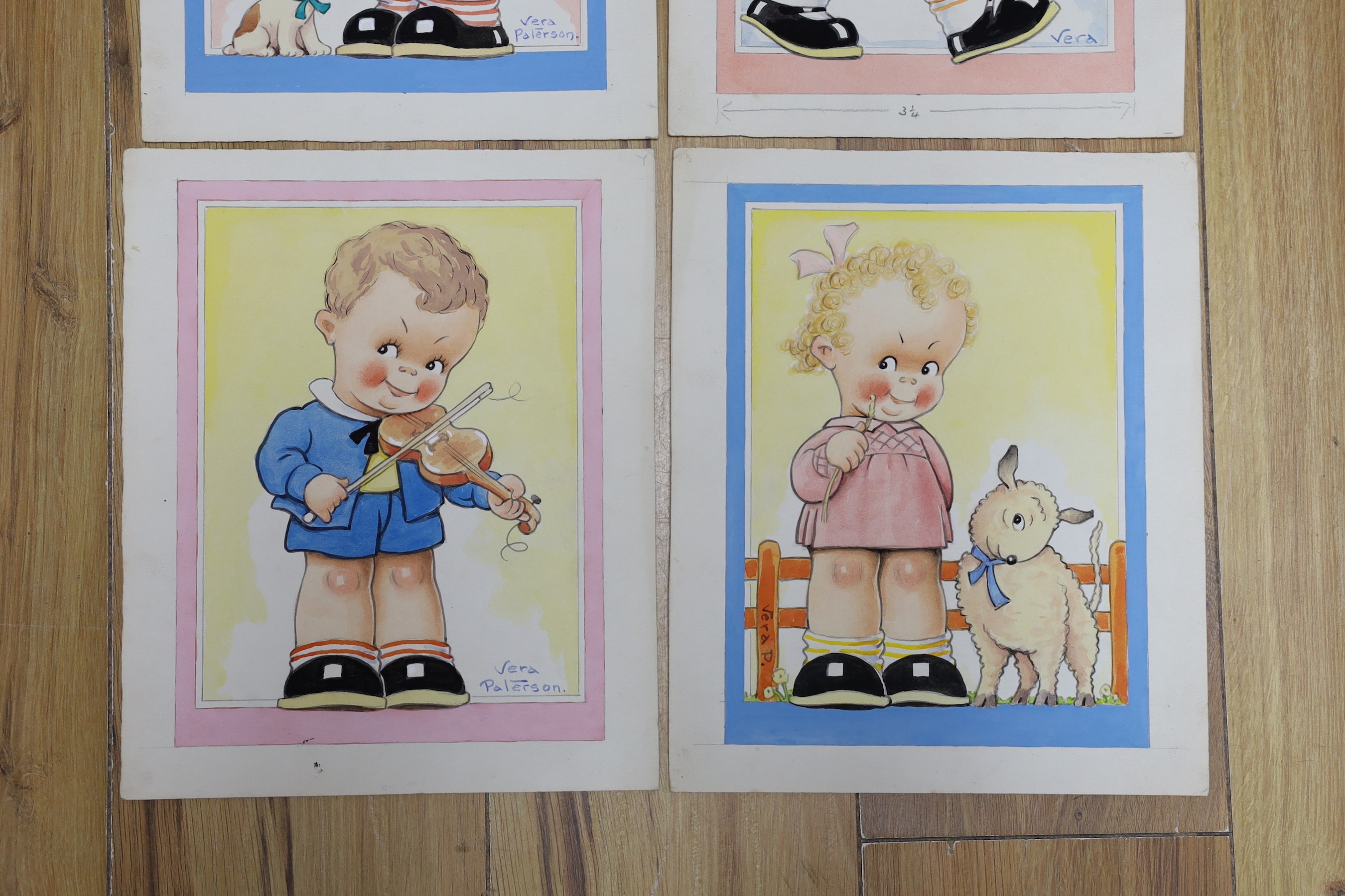 Reg Maurice (aka Vera Paterson), four watercolours, original postcard artwork for children's characters, 28 x 23cm, unframed